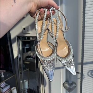 Mach & Mach Sophie Silver, Pearl, Rhinestone Pointy Toe Bow Heels